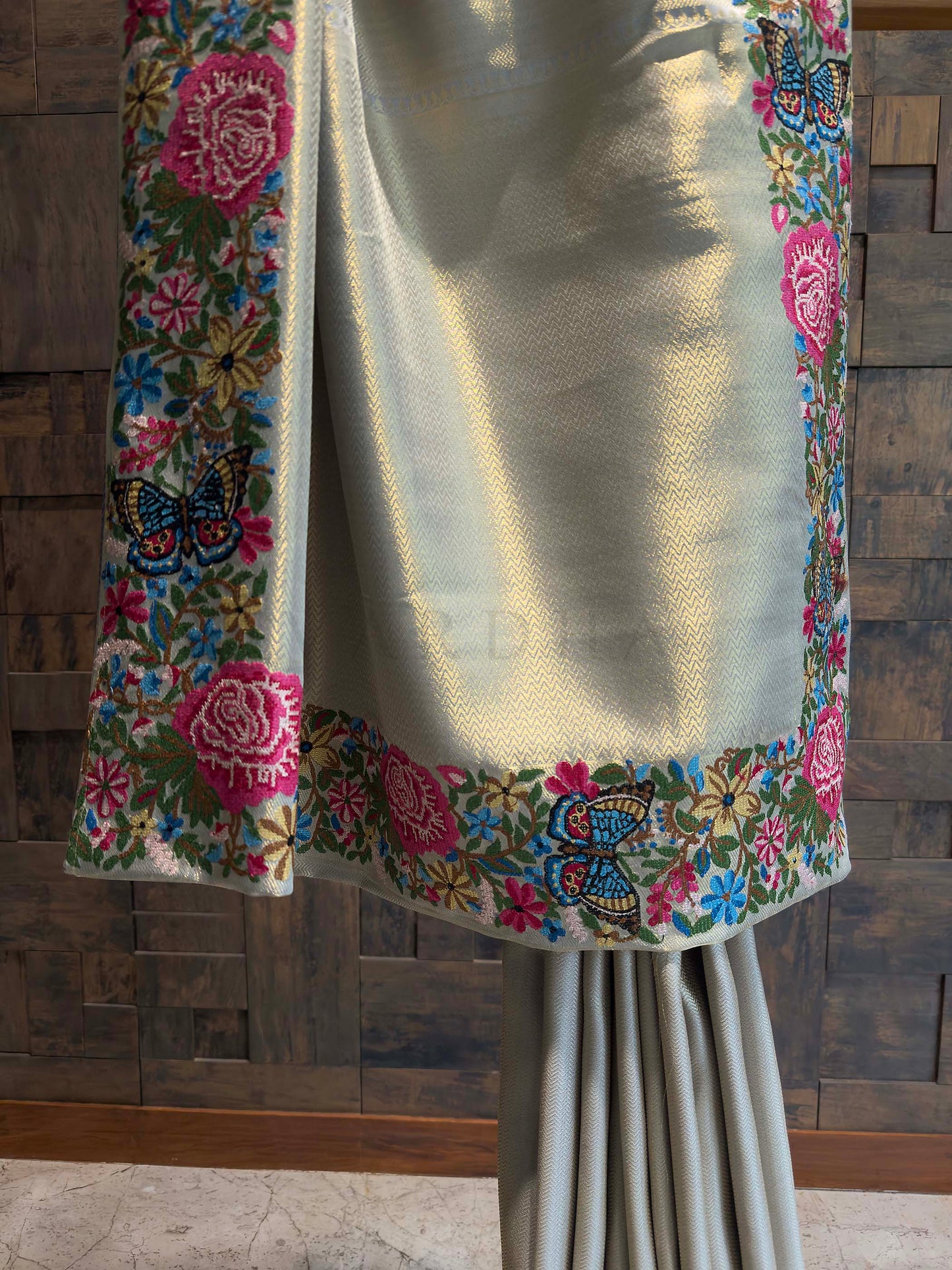 Lavender Grey Tissue Kanjivaram Silk Saree with Parsi Gara Embroidery