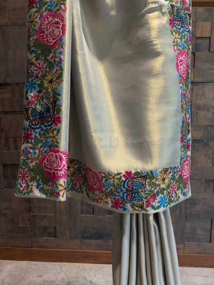 Lavender Grey Tissue Kanjivaram Silk Saree with Parsi Gara Embroidery