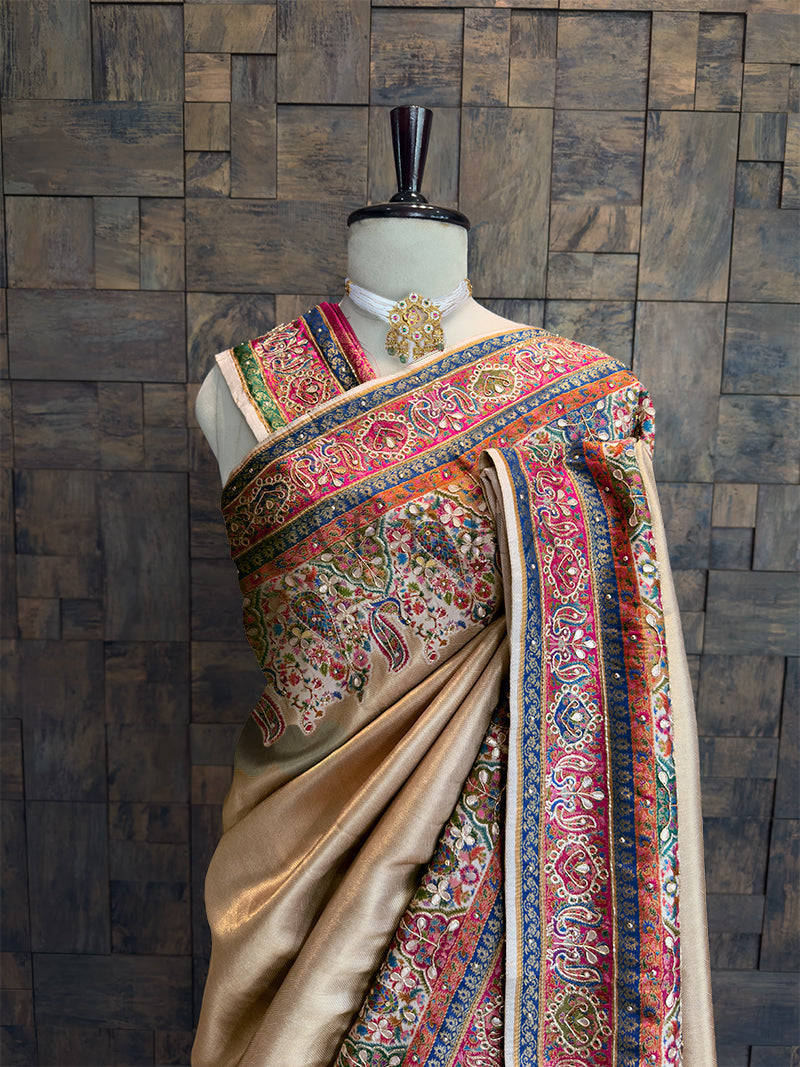 Cream Banarasi Katan Silk Saree with Cutdana & Zircon Hand Work