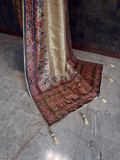 Cream Banarasi Katan Silk Saree with Cutdana & Zircon Hand Work