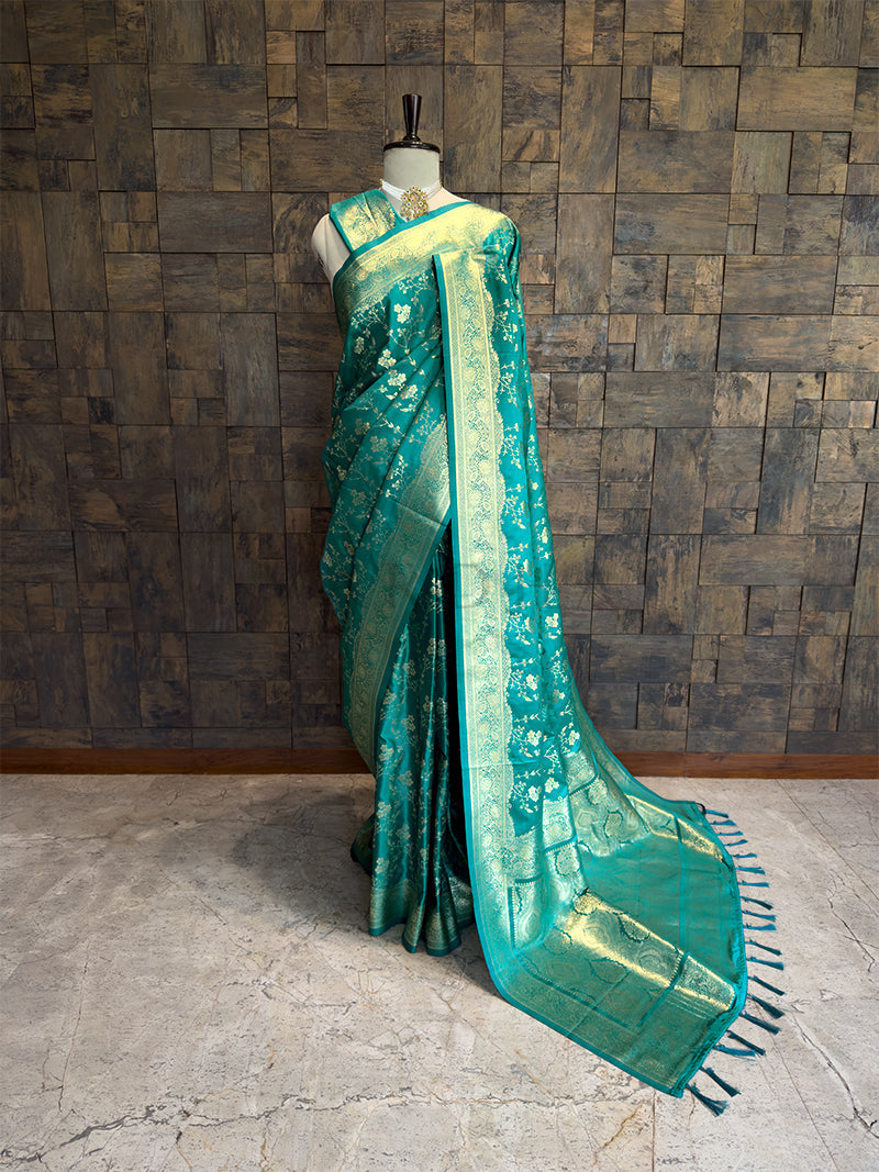 Teal Banarasi Satin Silk Saree with Gold Zari