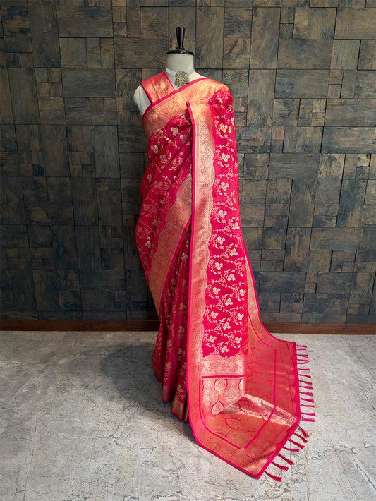 Rani Pink Banarasi Satin Silk Saree with Gold Zari