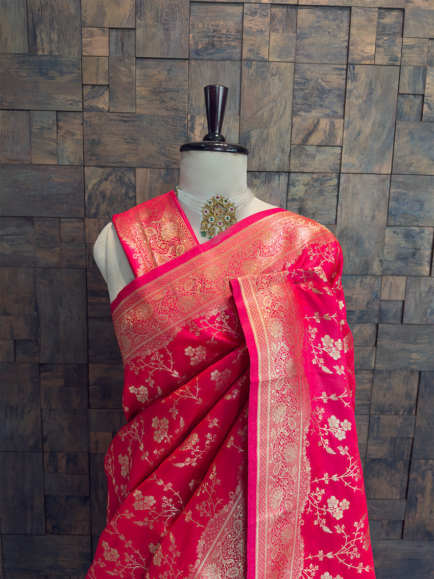 Rani Pink Banarasi Satin Silk Saree with Gold Zari