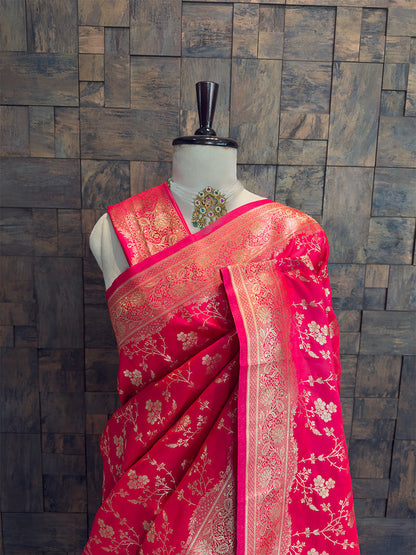 Rani Pink Banarasi Satin Silk Saree with Gold Zari