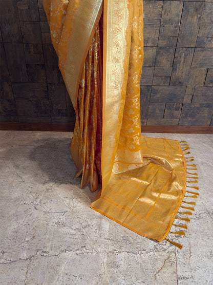 Yellow Banarasi Satin Silk Saree with Gold Zari