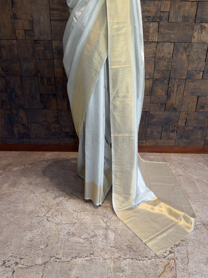 Off White Kanjivaram Viscose Silk Saree with Gold Zari Work
