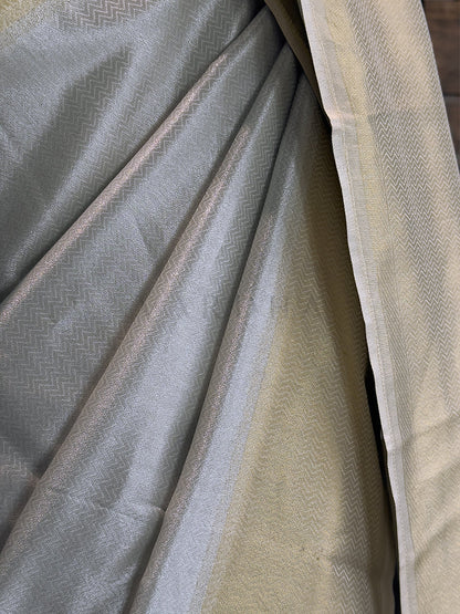 Off White Kanjivaram Viscose Silk Saree with Gold Zari Work
