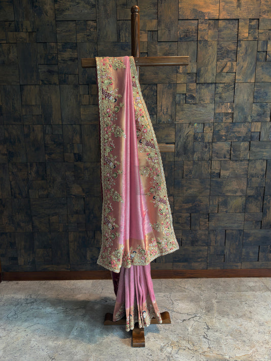 Pink Kanjivaram Tissue Silk Saree with Zari Weaving & Hand Work