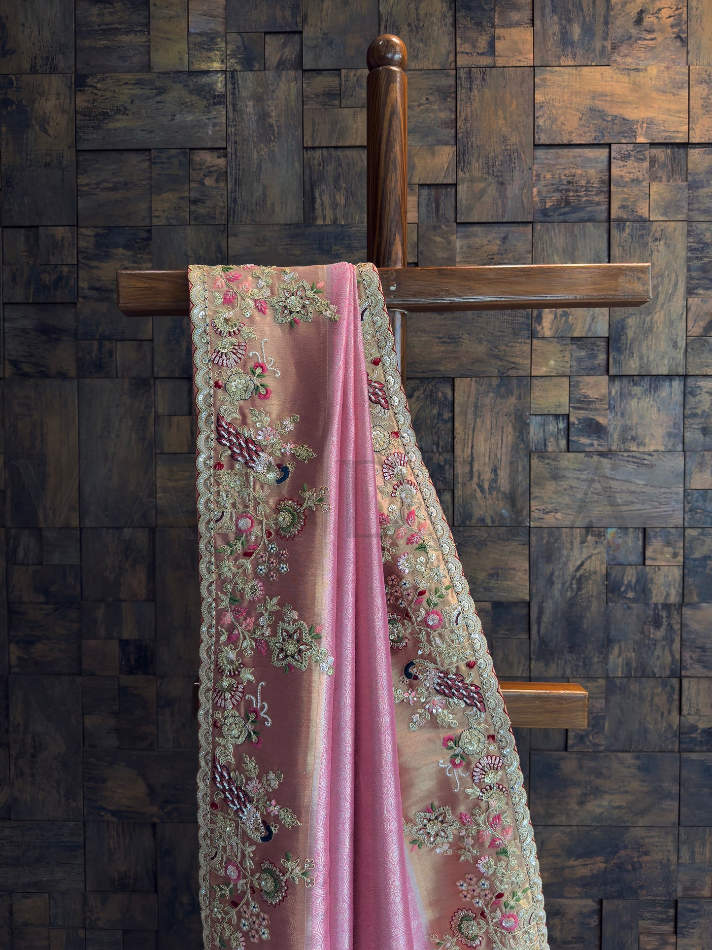 Pink Kanjivaram Tissue Silk Saree with Zari Weaving & Hand Work