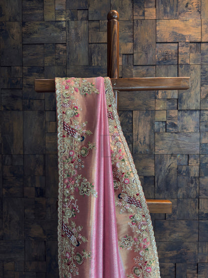 Pink Kanjivaram Tissue Silk Saree with Zari Weaving & Hand Work