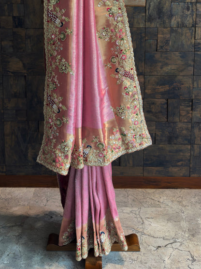 Pink Kanjivaram Tissue Silk Saree with Zari Weaving & Hand Work