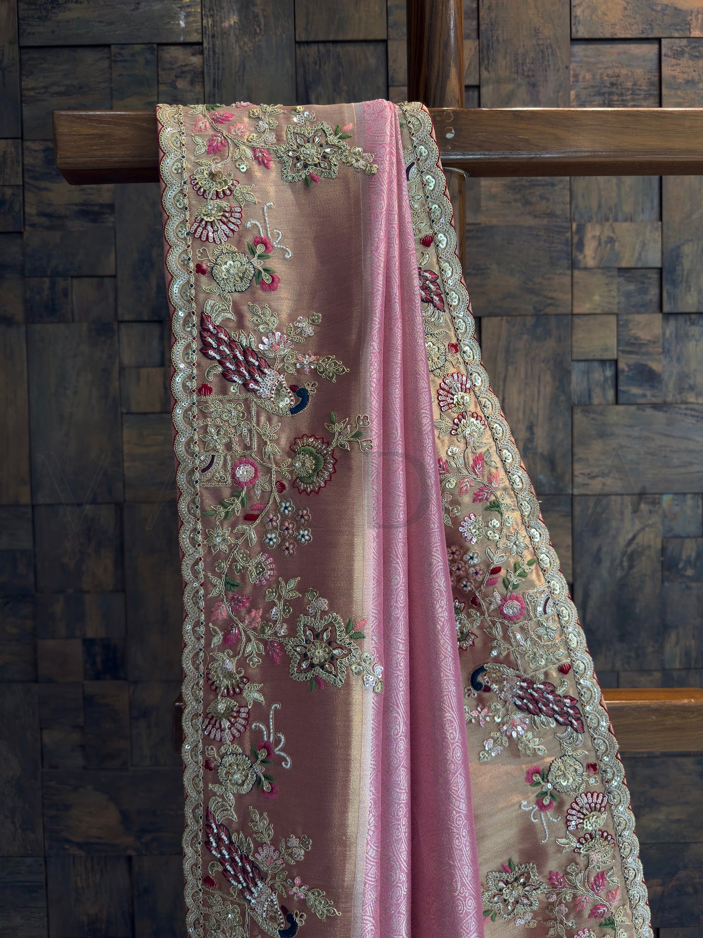 Pink Kanjivaram Tissue Silk Saree with Zari Weaving & Hand Work