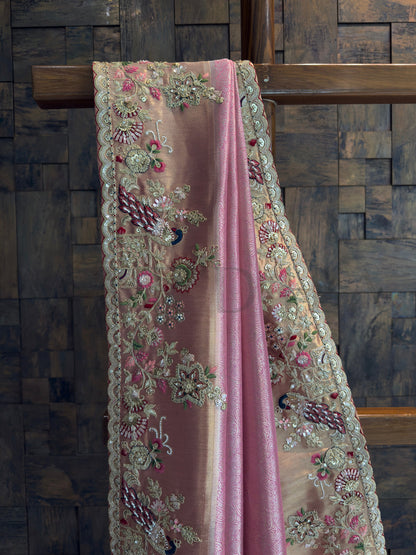 Pink Kanjivaram Tissue Silk Saree with Zari Weaving & Hand Work