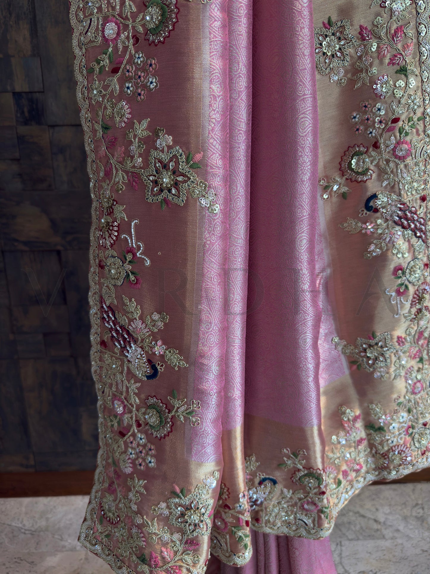 Pink Kanjivaram Tissue Silk Saree with Zari Weaving & Hand Work