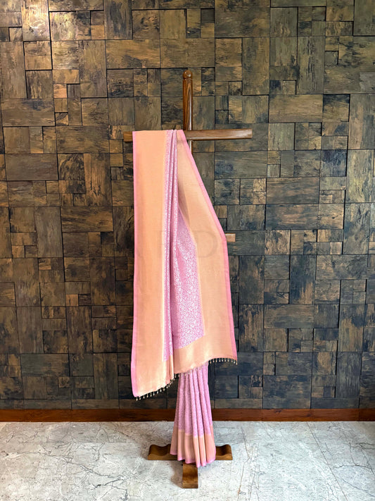 Baby Pink Viscose Kanjivaram Tissue Silk Saree with Gold Zari Border