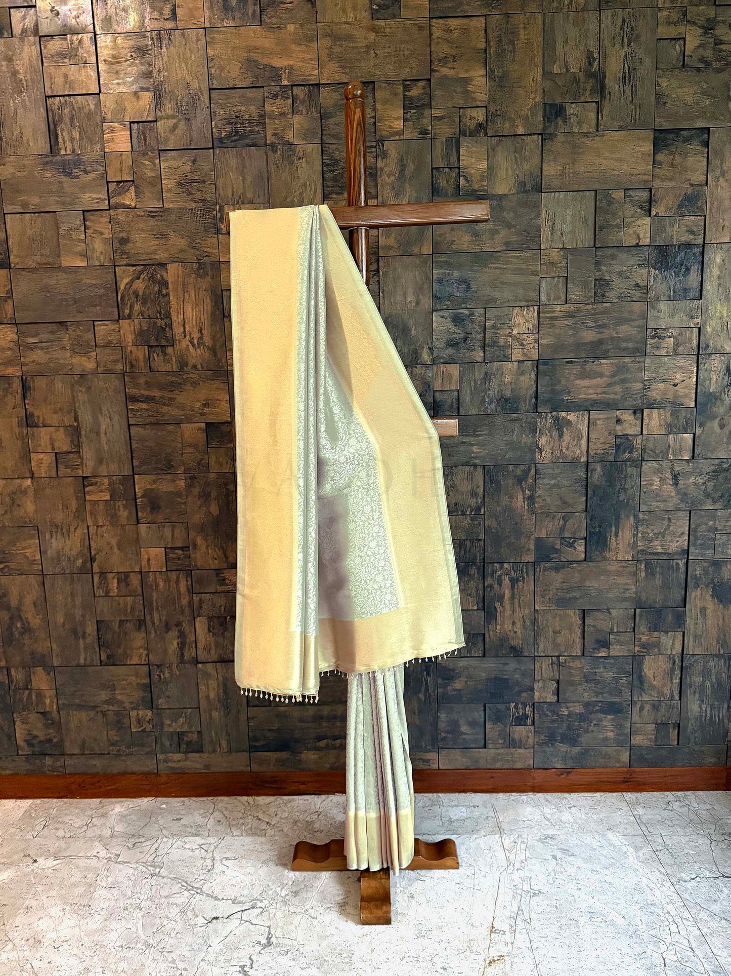 Pista Green Viscose Kanjivaram Tissue Silk Saree with Gold Zari Border