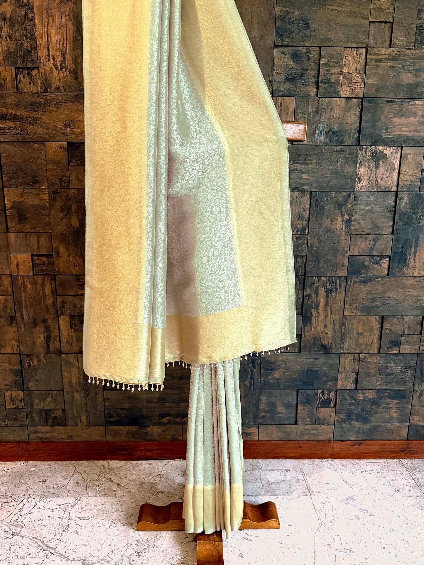 Pista Green Viscose Kanjivaram Tissue Silk Saree with Gold Zari Border