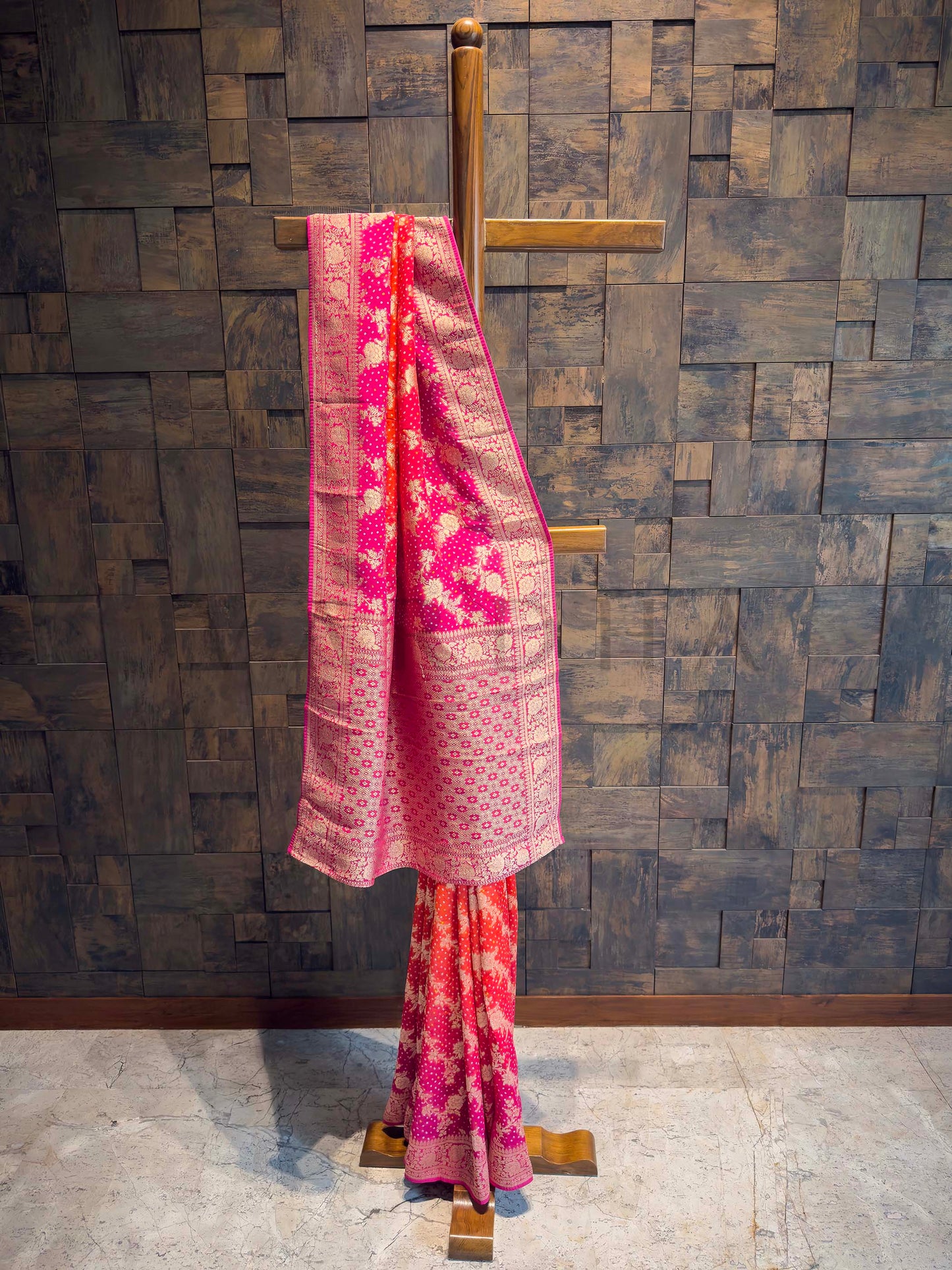 Red Bandhani Feathersoft Georgette Saree with Gold Zari Weaving