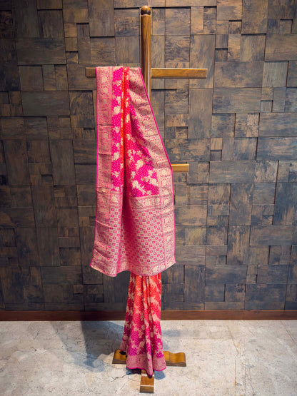 Red Bandhani Feathersoft Georgette Saree with Gold Zari Weaving