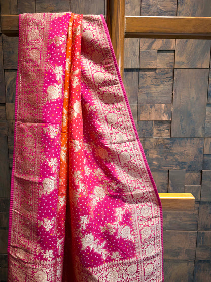 Red Bandhani Feathersoft Georgette Saree with Gold Zari Weaving