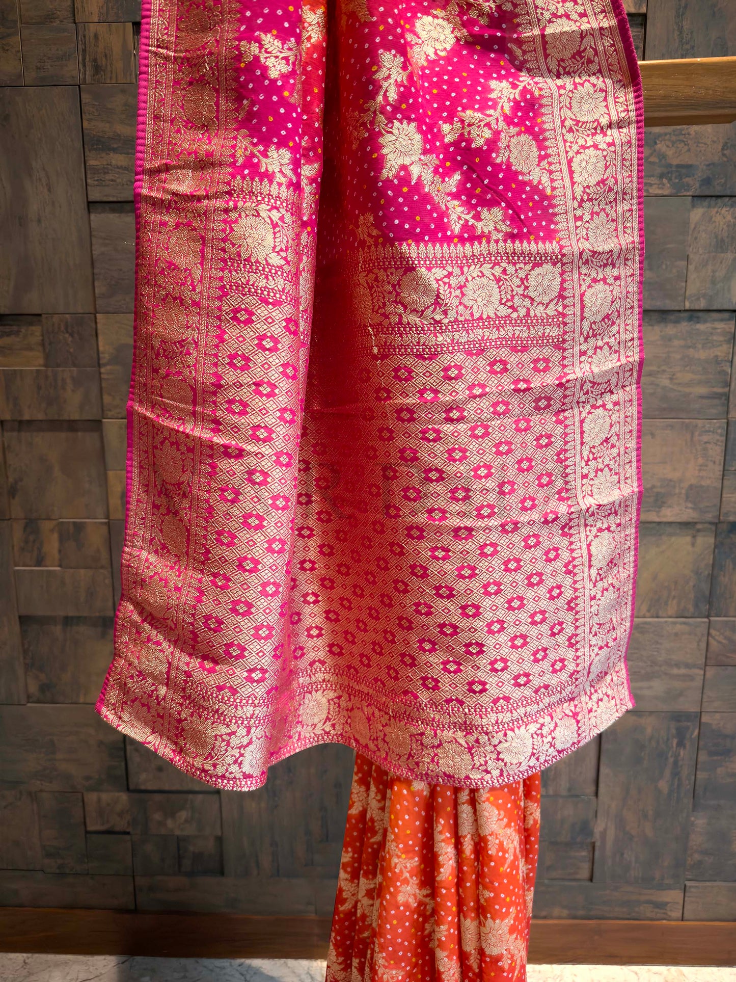 Red Bandhani Feathersoft Georgette Saree with Gold Zari Weaving