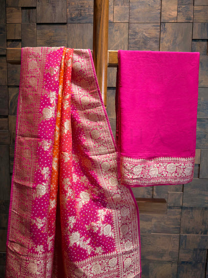 Red Bandhani Feathersoft Georgette Saree with Gold Zari Weaving
