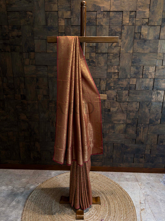 Rust Red Golden Zari Pure Mysore Silk Saree