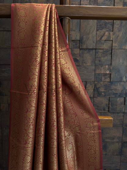 Rust Red Golden Zari Pure Mysore Silk Saree