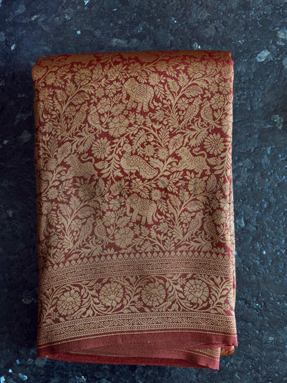 Rust Red Golden Zari Pure Mysore Silk Saree