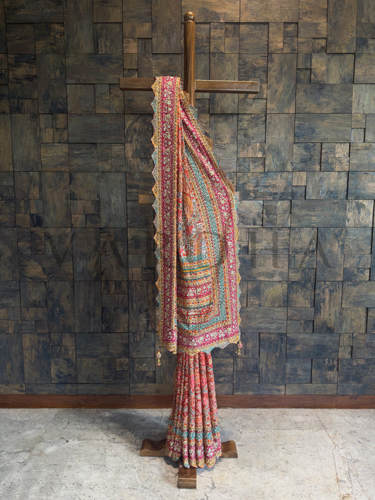 Multi-Color Rajwadi Viscose Saree | Scalloped Border with Zarkan Work