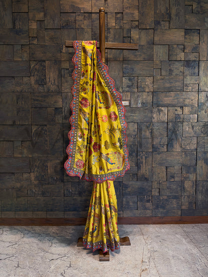 Picchwai Art Yellow Viscose Gaji Saree | Scalloped Border with Mirror & Zarkan Work