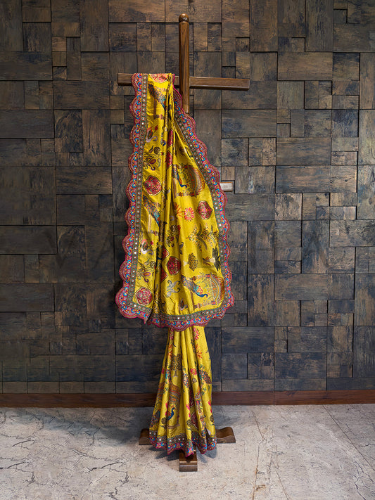 Picchwai Art Yellow Viscose Gaji Saree | Scalloped Border with Mirror & Zarkan Work