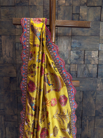 Picchwai Art Yellow Viscose Gaji Saree | Scalloped Border with Mirror & Zarkan Work