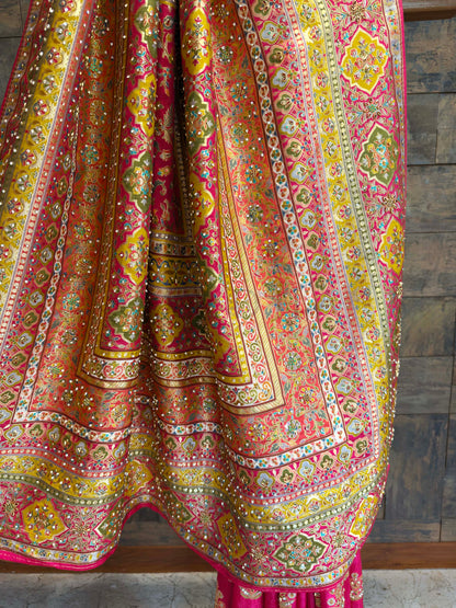 Pink & Yellow Viscose Saree | Patola-Gaji Embroidery with Zarkan Work