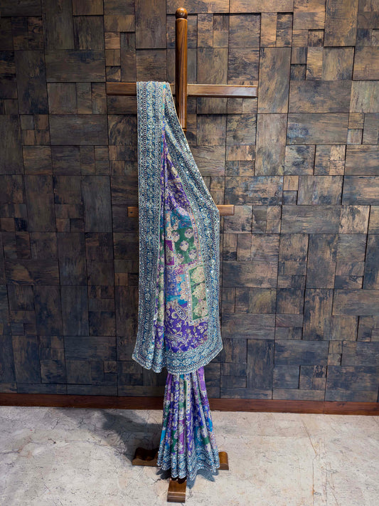 Purple Viscose Kutch Embroidery Saree with Mirror Work