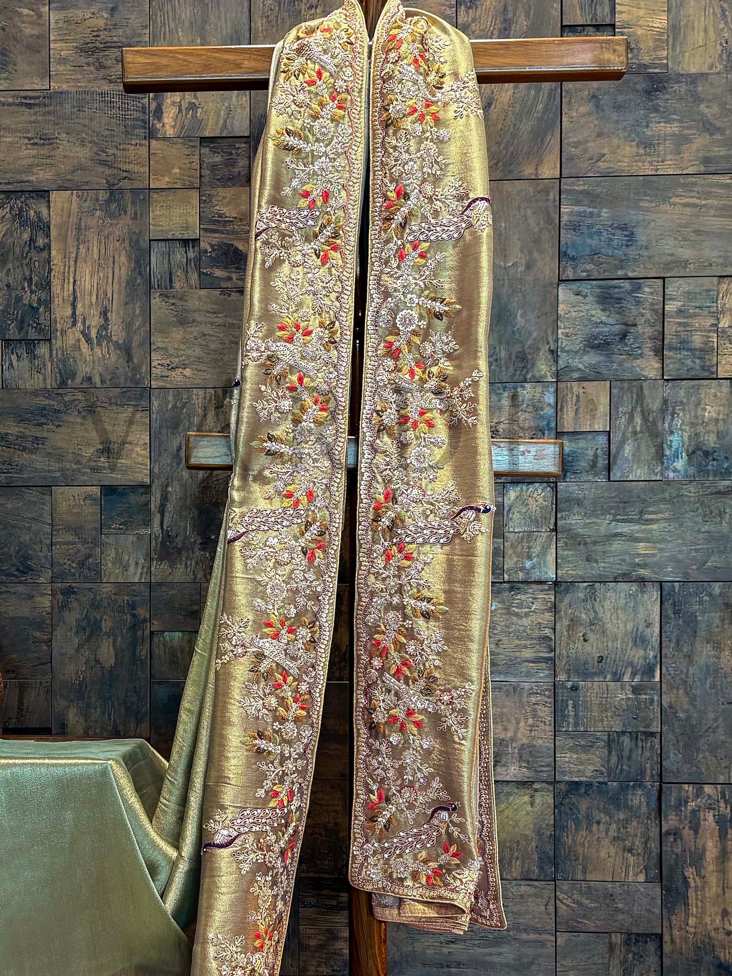 Sage Green–Gold Tissue Silk Saree with Zari Weaving & Hand Work