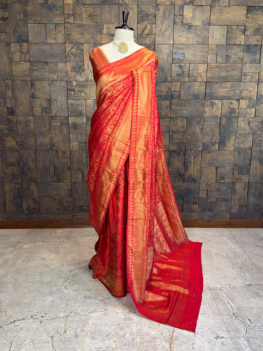 Sindoori Red Golden Zari Kanjivaram Silk Saree