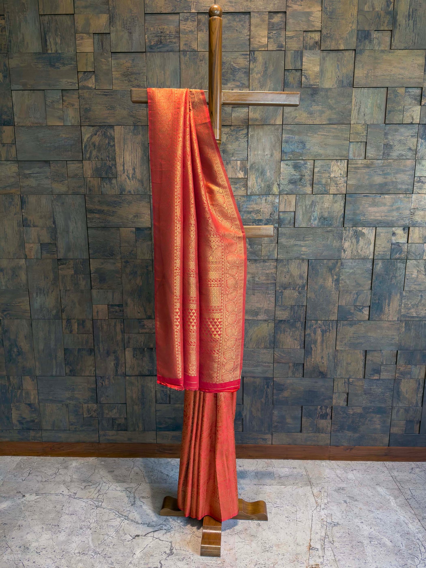 Vermilion Red Golden Zari Kanjivaram Silk Saree