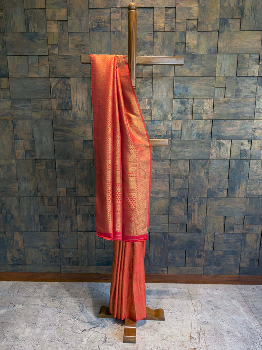 Vermilion Red Golden Zari Kanjivaram Silk Saree
