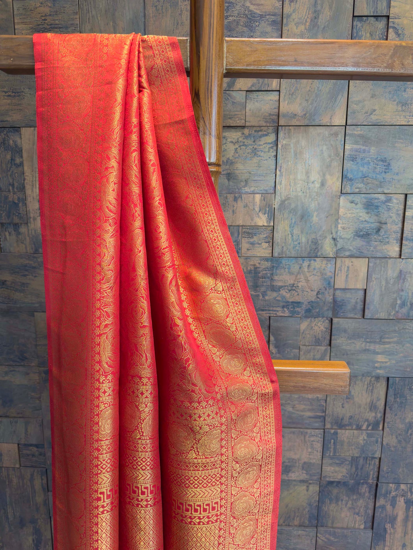 Vermilion Red Golden Zari Kanjivaram Silk Saree