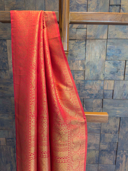 Vermilion Red Golden Zari Kanjivaram Silk Saree