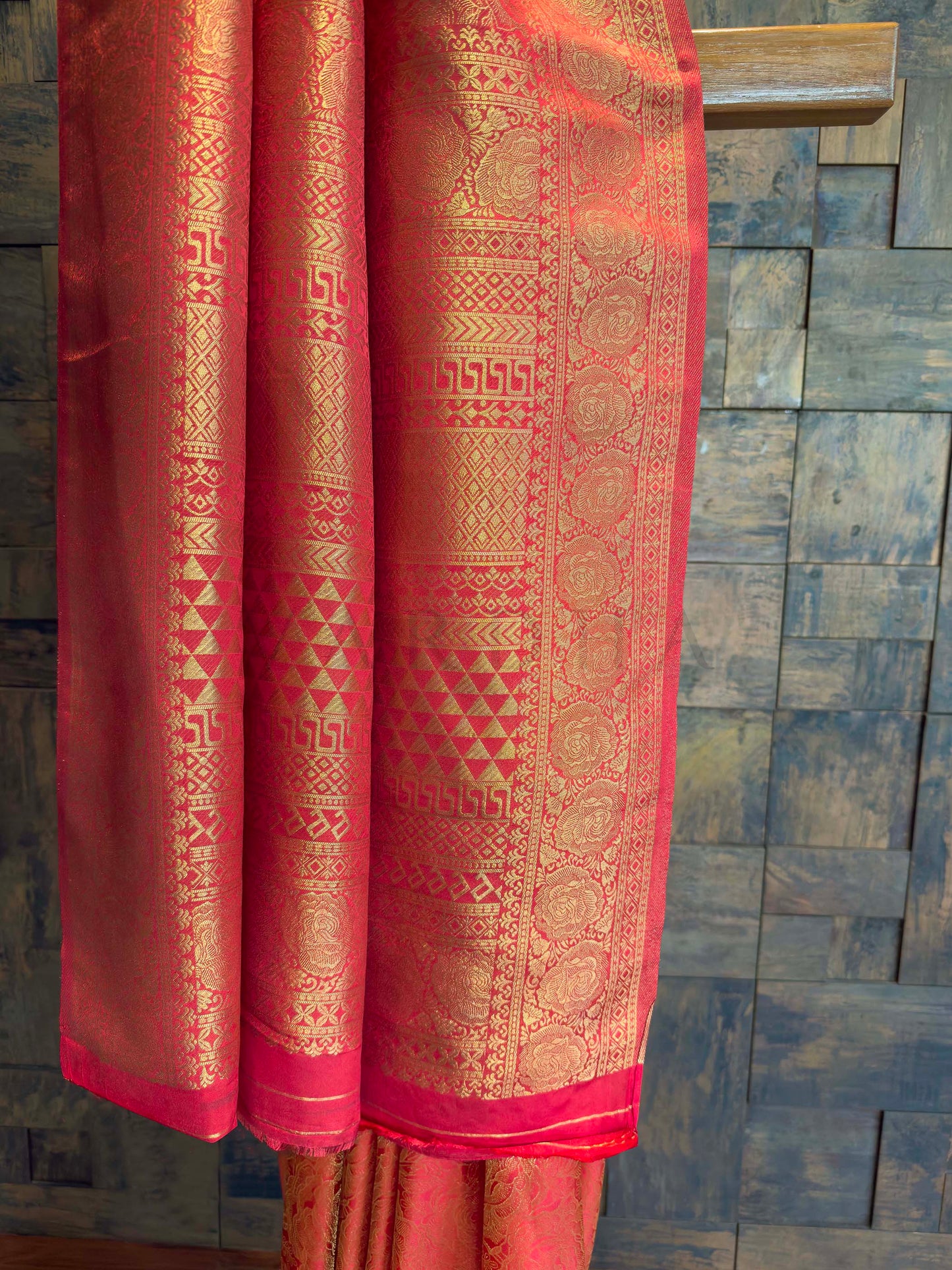 Vermilion Red Golden Zari Kanjivaram Silk Saree