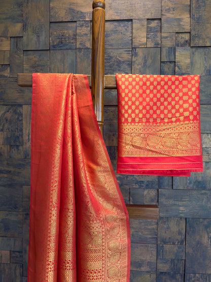 Vermilion Red Golden Zari Kanjivaram Silk Saree
