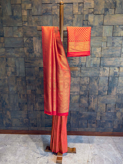 Vermilion Red Golden Zari Kanjivaram Silk Saree